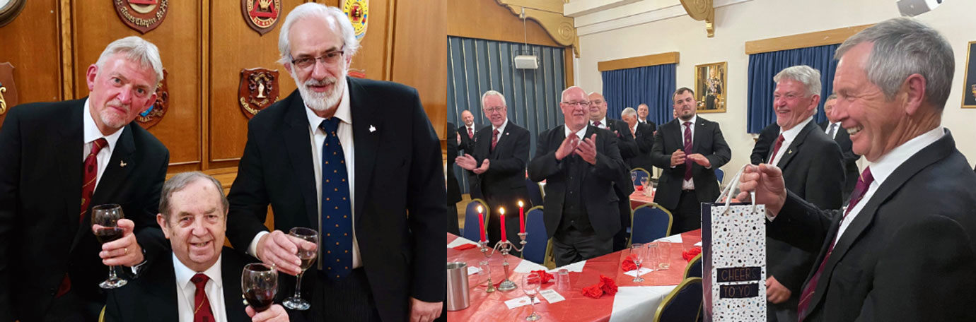 Pictured left: The three principals, Ian Stirling (left), John Turpin (seated) and Gordon Ivett (right). Pictured right: Stephen Reid (right) receives a gift from the chapter. Pictured left: The three principals, Ian Stirling (left), John Turpin (seated) and Gordon Ivett (right). Pictured right: Stephen Reid (right) receives a gift from the chapter.