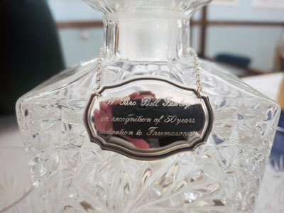 The whisky decanter with the personalised engraving, paying tribute to Bill’s life of exceptional achievement. The whisky decanter with the personalised engraving, paying tribute to Bill’s life of exceptional achievement.