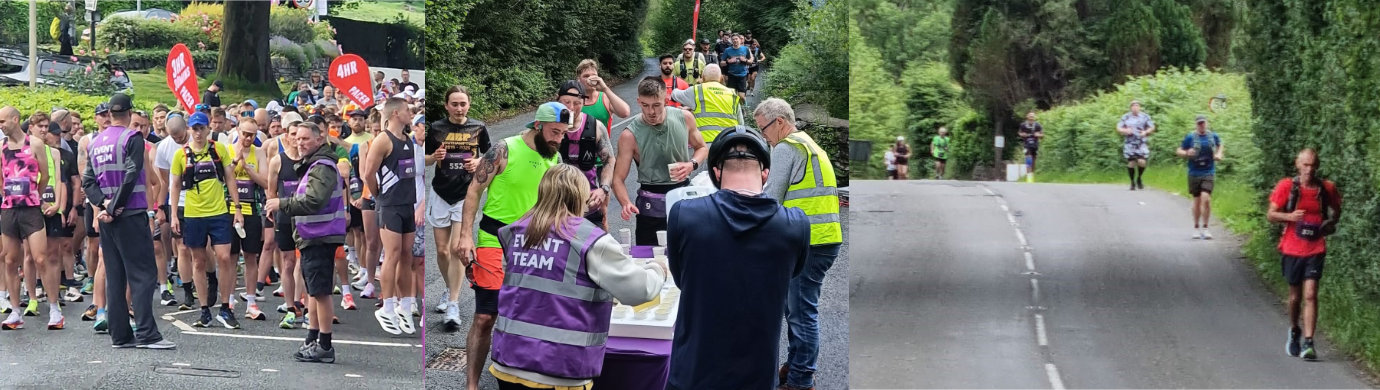 Pictured left: Simon Harvey (left) and Shaun Gregg (in purple tabards) with everything under control at the start. Pictured centre: Group volunteers distribute refreshments at a drinking station. Pictured right: A line of runners. Pictured left: Simon Harvey (left) and Shaun Gregg (in purple tabards) with everything under control at the start. Pictured centre: Group volunteers distribute refreshments at a drinking station. Pictured right: A line of runners.