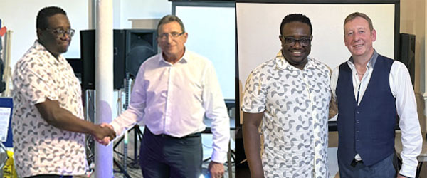 Pictured left: John (left) thanks Les Newman for all his support. Pictured right: John (left) with Fast Eddie.