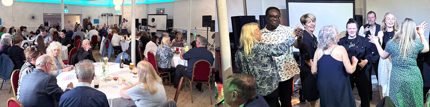Pictured left: A full room to support John. Pictured right: Dancing the night away with Fast Eddie.