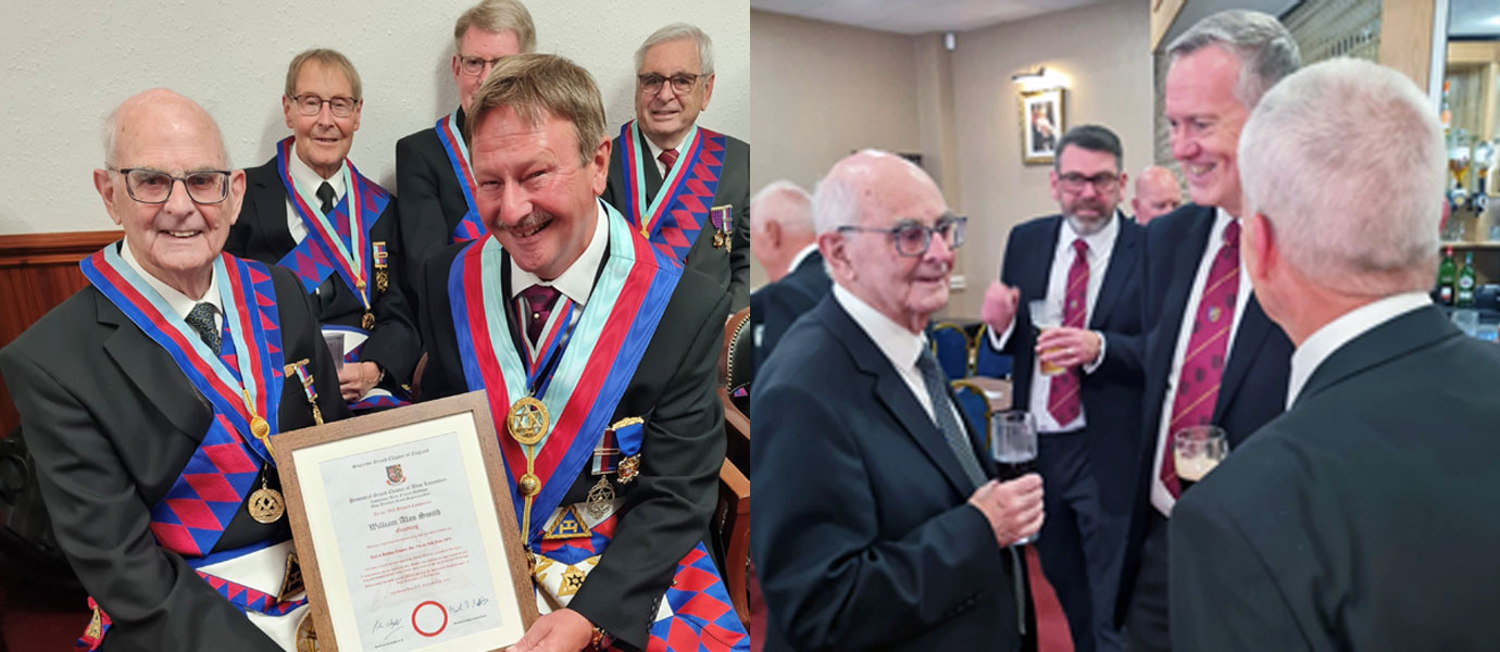 Pictured left: Alan Smith (left) receiving his 50th certificate by Paul Hesketh. Pictured right: Alan Smith (left) enjoying a drink with friends and guests. Pictured left: Alan Smith (left) receiving his 50th certificate by Paul Hesketh. Pictured right: Alan Smith (left) enjoying a drink with friends and guests.