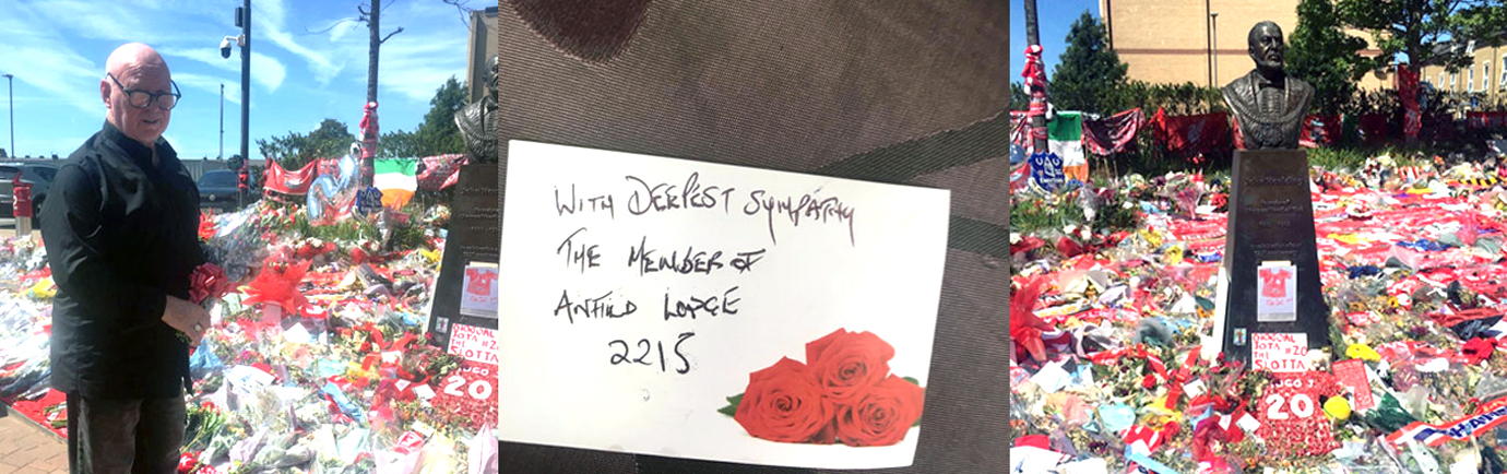Pictured left: Robbie Quinn laying the floral tribute. Pictured centre: The card from Anfield Lodge. Pictured right: The memorial to John Houlding at Anfield, home and ground of Liverpool FC.