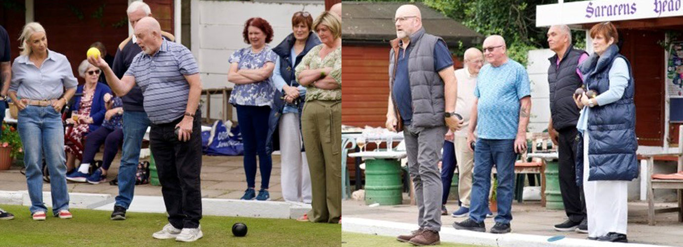 Pictured left: Ian demonstrating how to play bowls. Pictured right: Stephen Dunn takes his first step onto the green. Pictured left: Ian demonstrating how to play bowls. Pictured right: Stephen Dunn takes his first step onto the green.