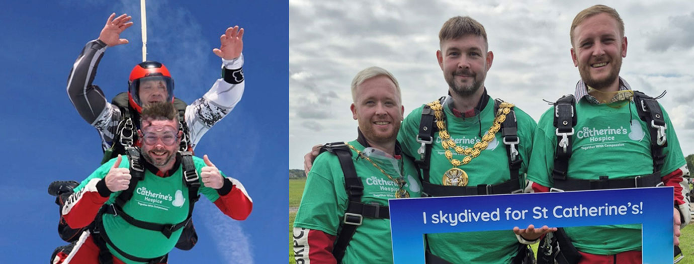 Pictured left: All thumbs up from Paul. Pictured right from left to right, are:: Chris, Paul and Luke celebrating after the skydive.
