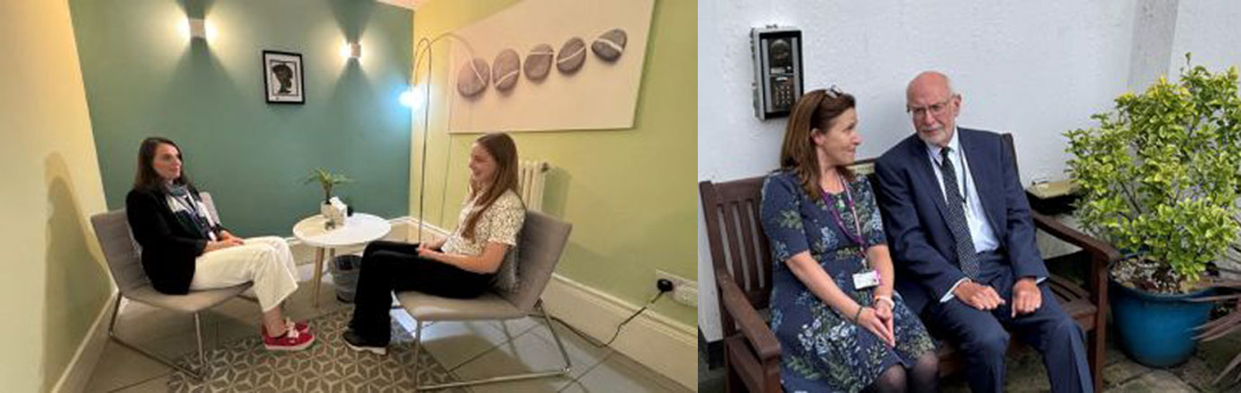 Pictured left: Therapy training session. Pictured right: Lynne and John in a quiet place to reflect. Pictured left: Therapy training session. Pictured right: Lynne and John in a quiet place to reflect.