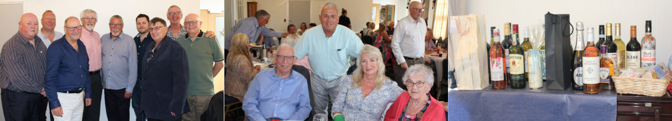 Pictured left from left to right, are: Del Hernen, Andy Greenlees, John Cross, Dave Barr, Ian Fell, Leon Teale, Ray Lamb, John Robbie Porter and Kevin Frost. Pictured centre from left to right, are: Jack Topping, John Topping, Gina Topping and Lillian Topping. Pictured right is the well-stocked raffle table 